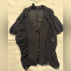 Escada Vintage Black Silk Short sleeve Top 36 sheer blouse tie ruched Y2K medium